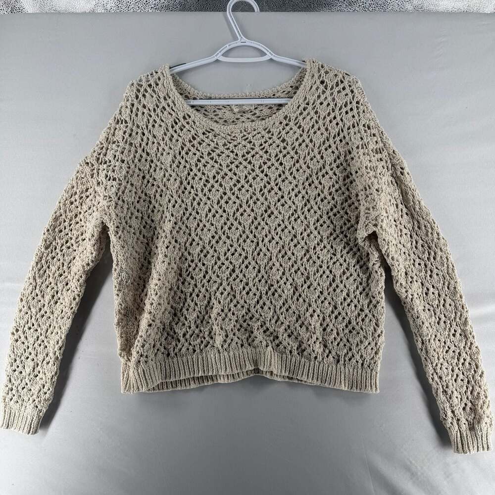 0907 Artelier by Nicole Miller Women's Beige Crochet Long Sleeve Open Knit Sweat